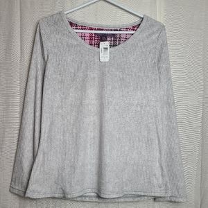 Gloria Vanderbilt Pajama Shirt Top Grey Pink Plaid Soft Velvet Rib Knit